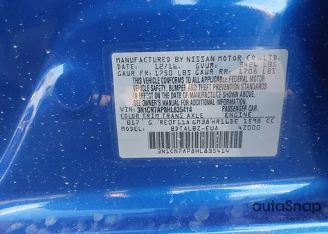 2017 Nissan Versa 1.6 Sv z USA, uszkodzony, nr VIN 3N1CN7AP8HL835414